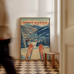 Copper Mountain Travel Poster – Sunset Ski Slopes hanging in a cozy interior, showcasing winter ski slopes and mountains.
