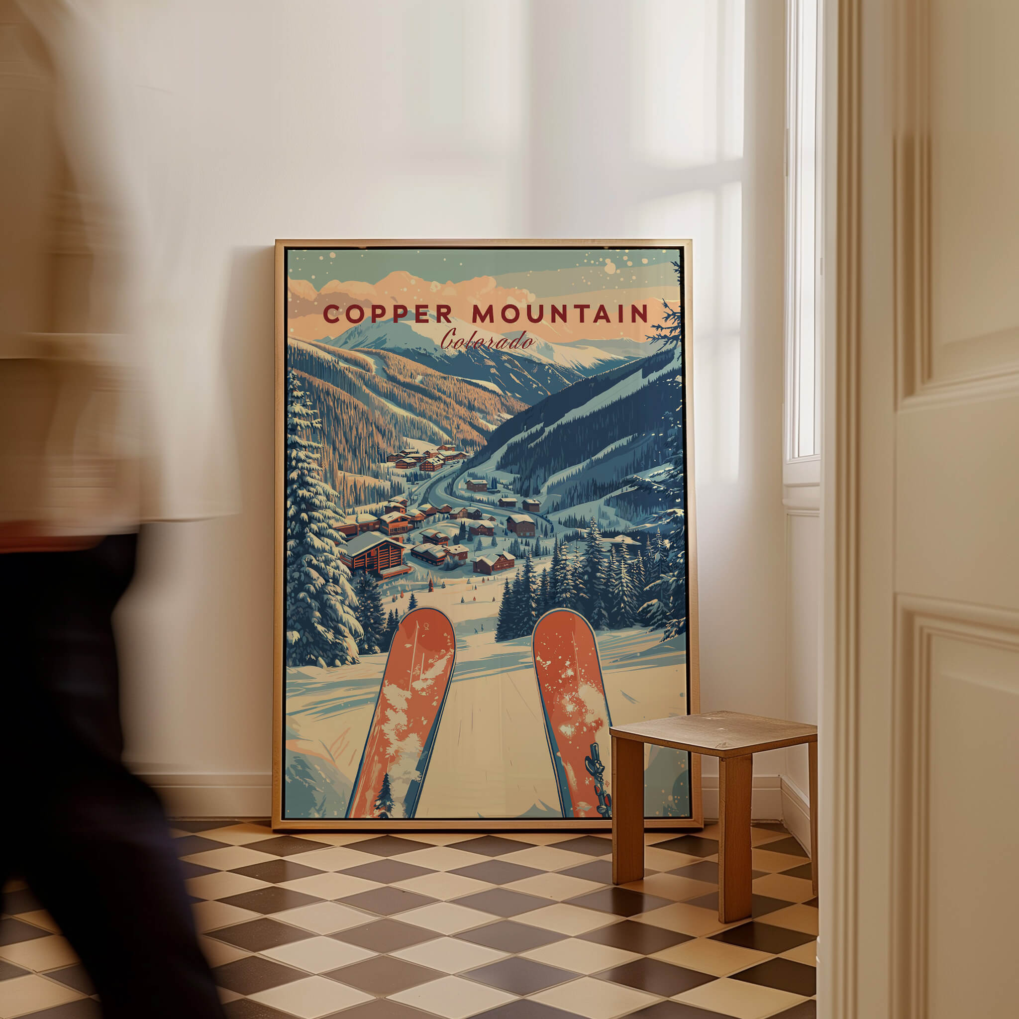 Copper Mountain Travel Poster – Sunset Ski Slopes hanging in a cozy interior, showcasing winter ski slopes and mountains.