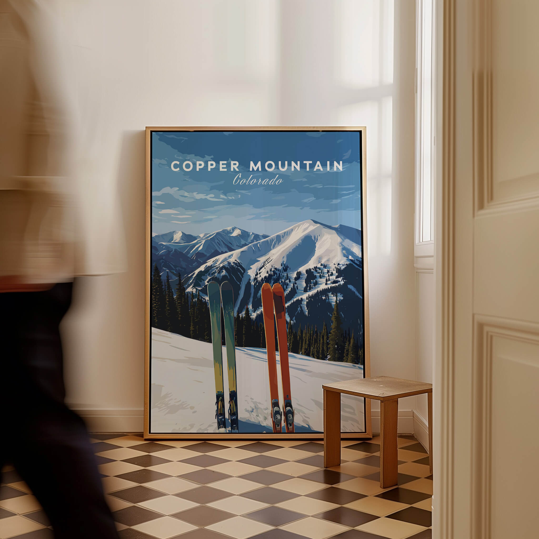 Copper Mountain Travel Poster – Colorado Mountain Summit & Ski Art Print displayed in a stylish interior setting.