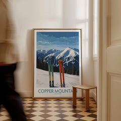 Copper Mountain Ski Wall Art Ski Print featuring colorful skis against a backdrop of snow-capped mountains.