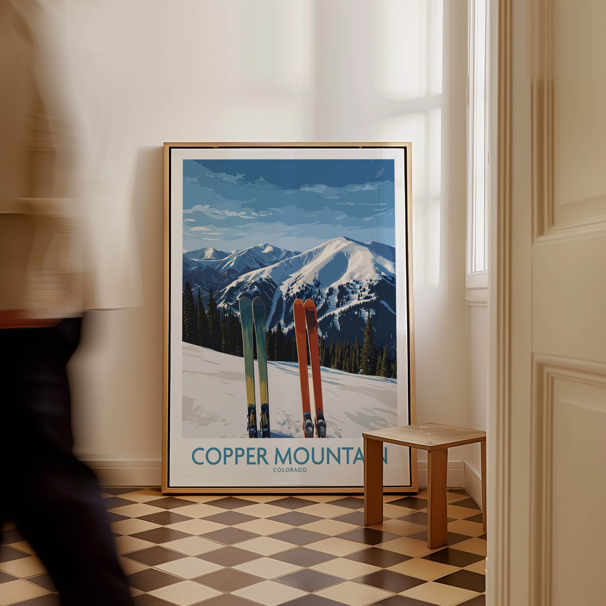 Copper Mountain Ski Wall Art Ski Print featuring colorful skis against a backdrop of snow-capped mountains.