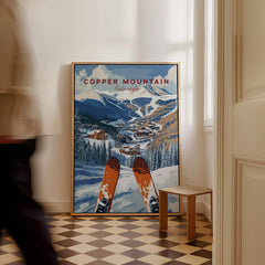 Copper Mountain Ski Poster – Winter Ski Village & Snowy Mountain Art featuring a ski scene in a cozy interior.