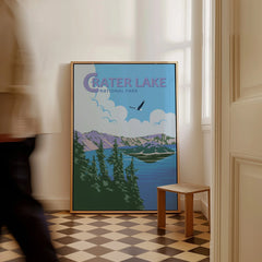 Framed Crater Lake National Park travel poster with scenic landscape art on floor