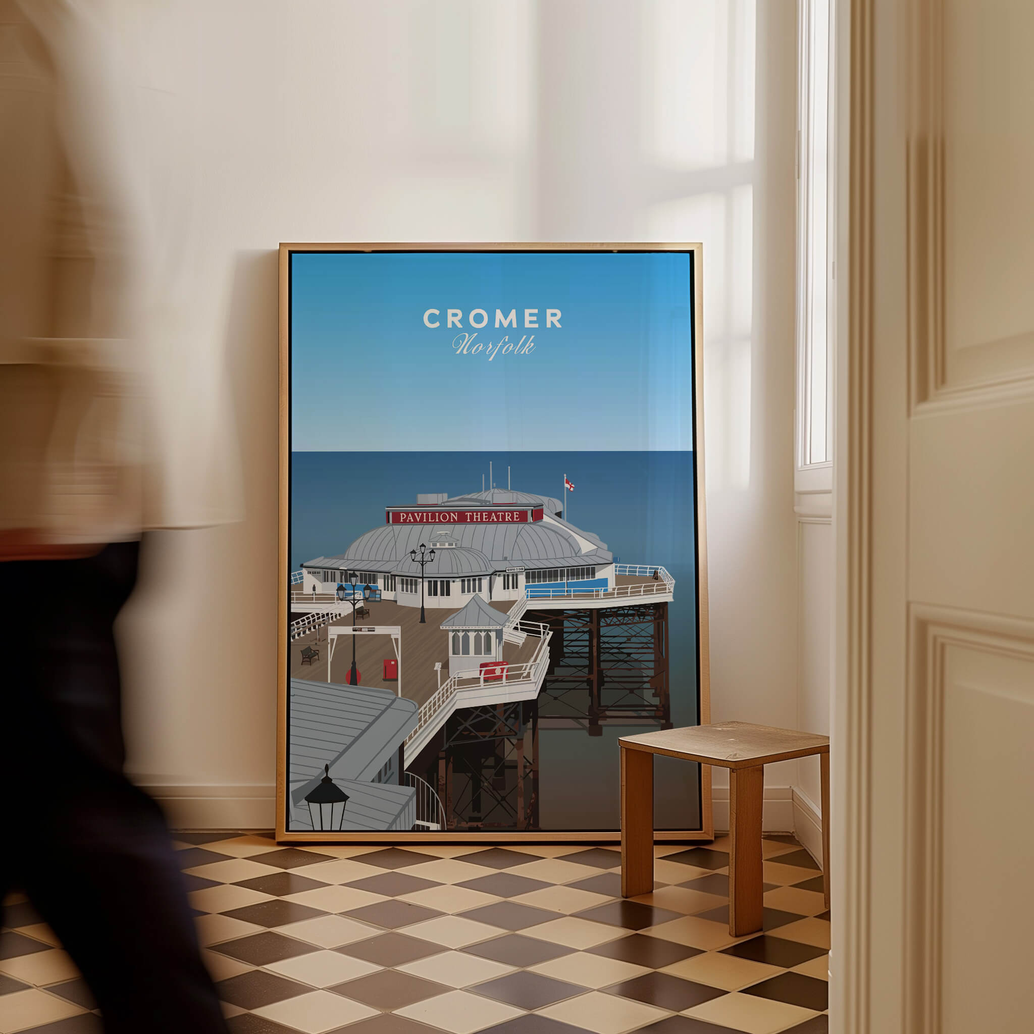 Cromer Travel Poster – Norfolk Pier & Pavilion Theatre Landmark Art displayed in a stylish interior setting.
