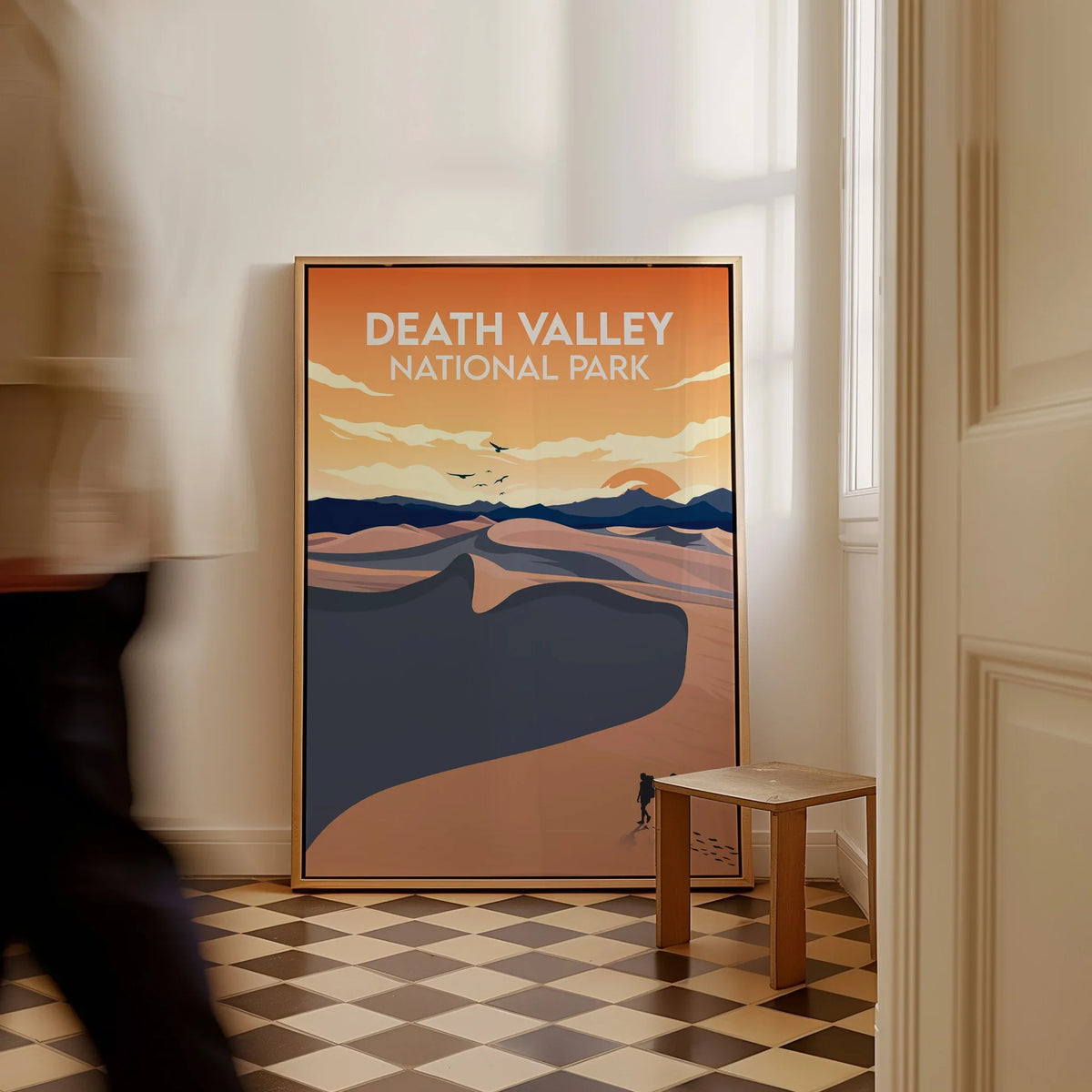 Framed Death Valley National Park travel poster with desert dunes and mountains on floor