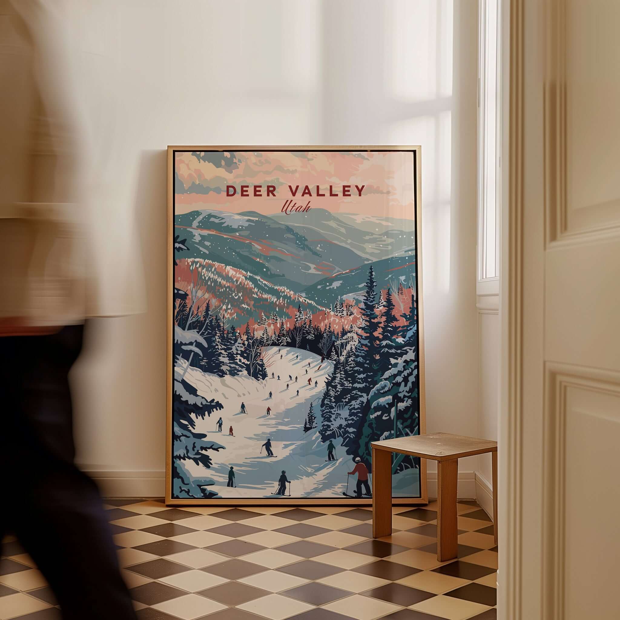Deer Valley Ski Print -  Utah featuring skiers on scenic slopes within a beautifully designed room.