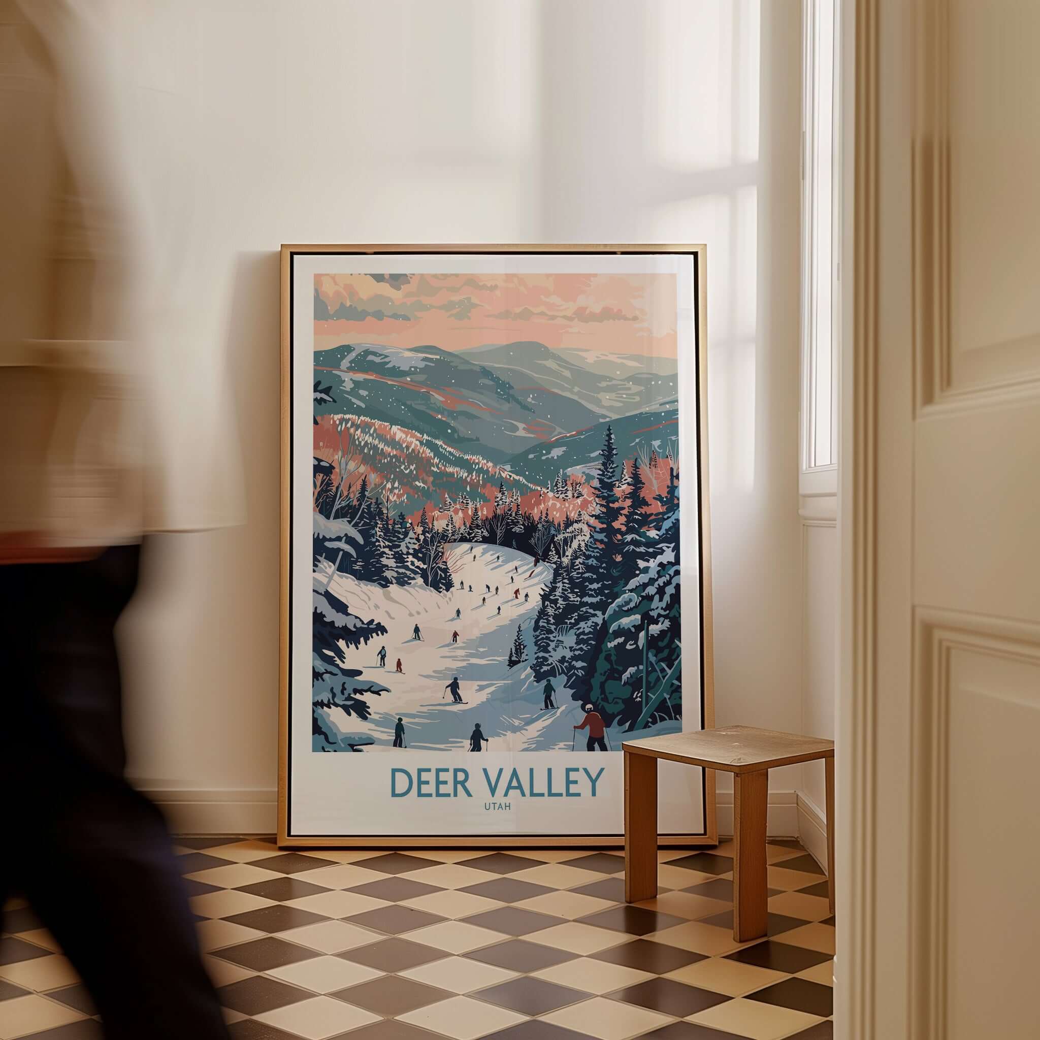 Deer Valley Travel Poster - Utah displayed in a cozy room, showcasing a beautiful ski landscape.