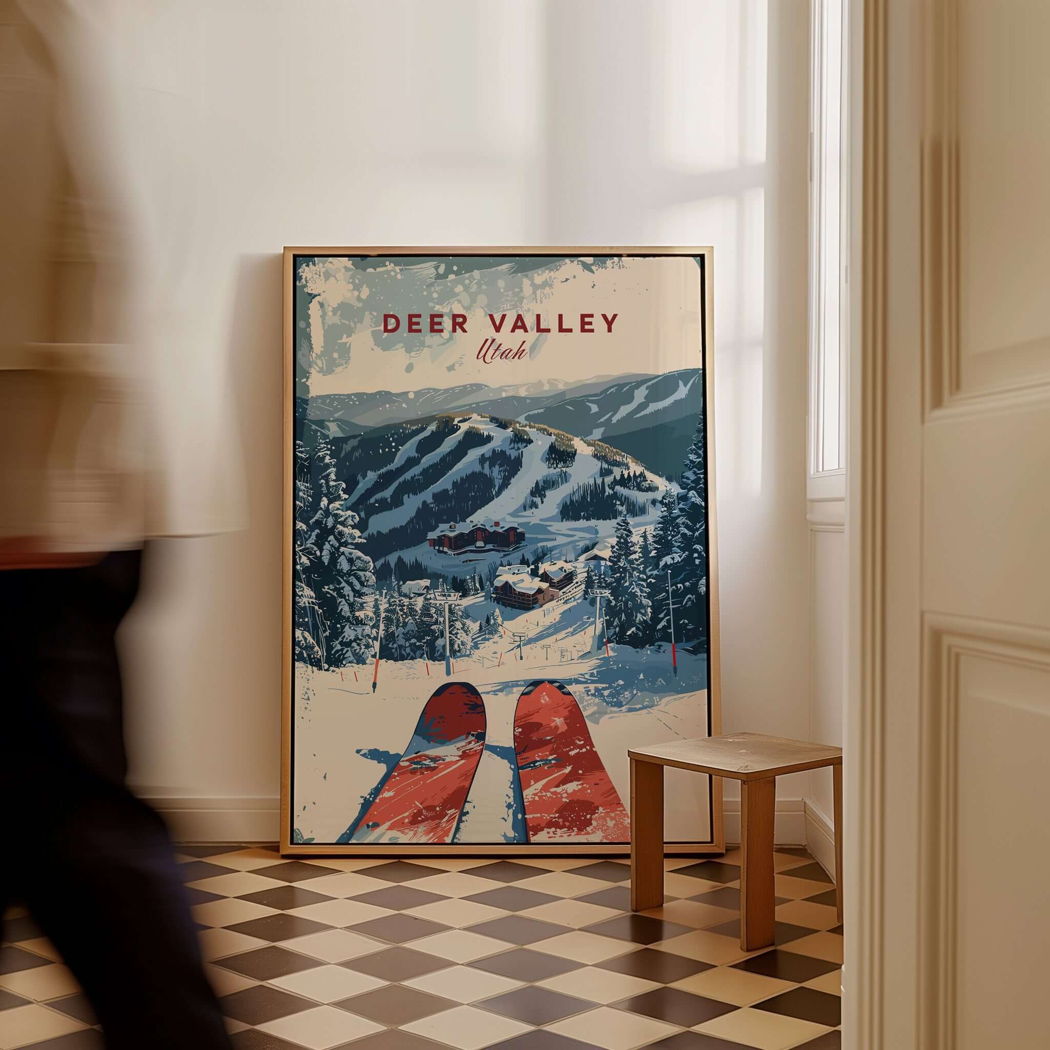 Deer Valley Ski Poster showcasing stunning winter slopes and ski art for home decor.