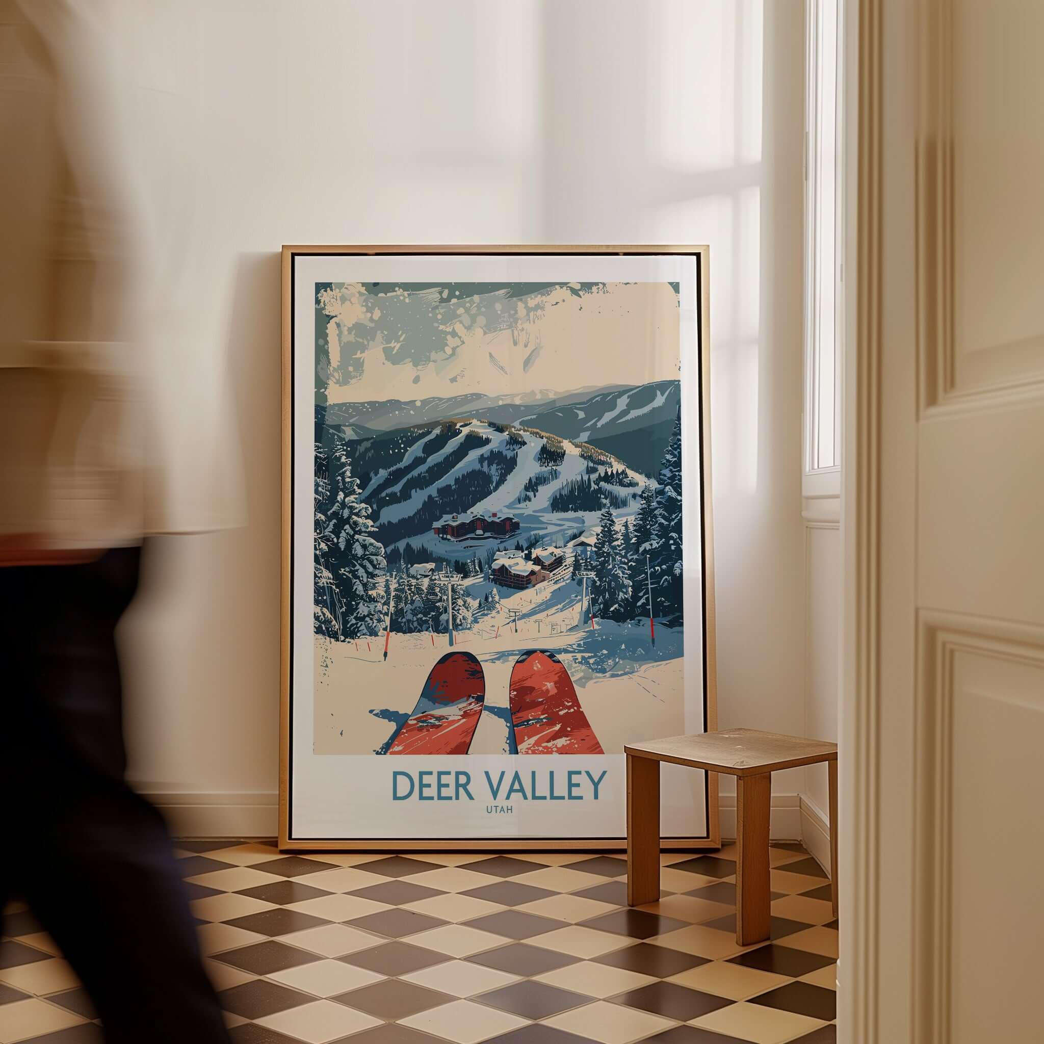 Deer Valley Wall Art featuring a vintage ski poster of Deer Valley mountains and slopes.