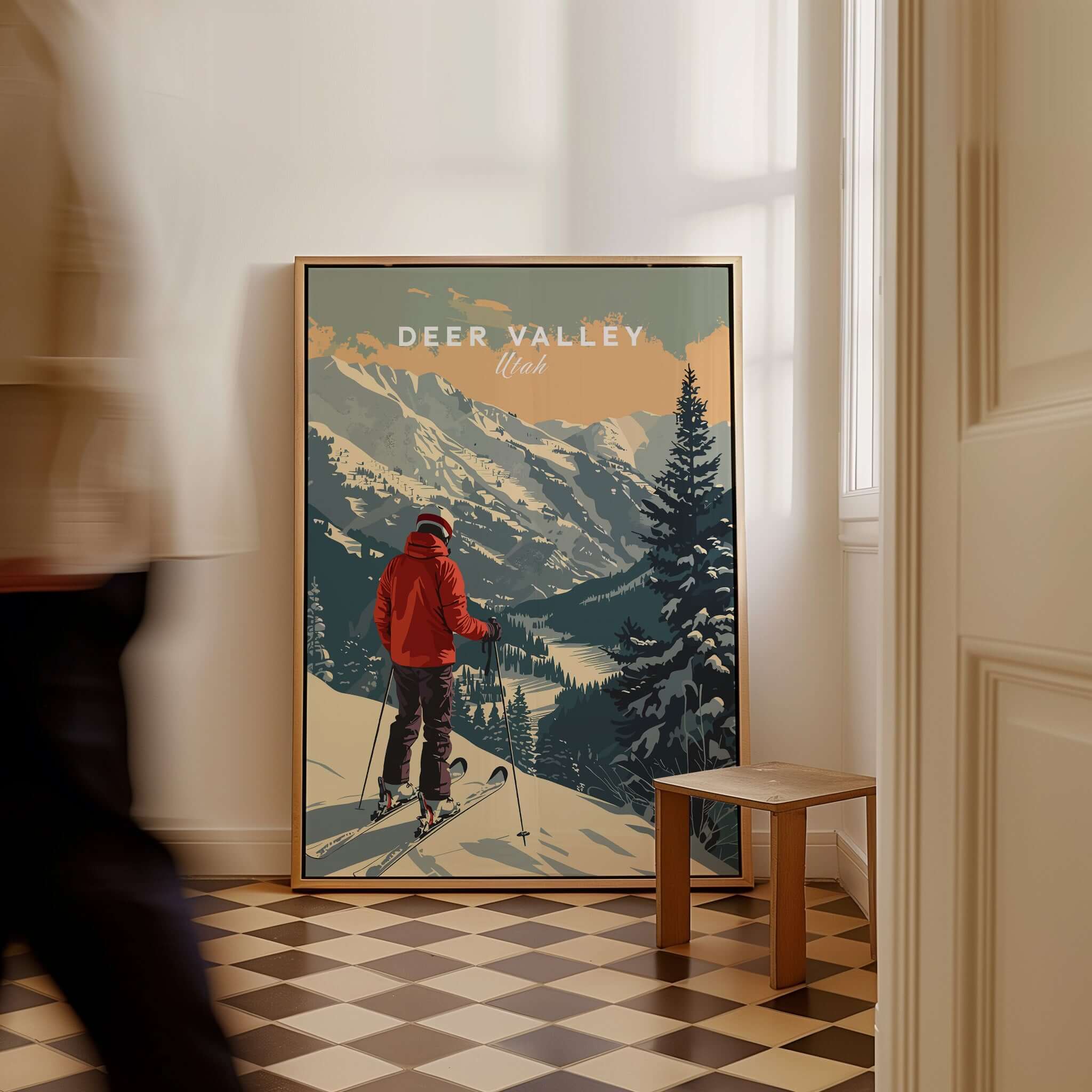 Deer Valley Print Utah ski poster featuring a skier and stunning mountain scenery.