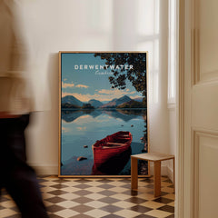 Derwentwater Travel Poster – Lake District Art Print featuring a serene landscape with a red boat.