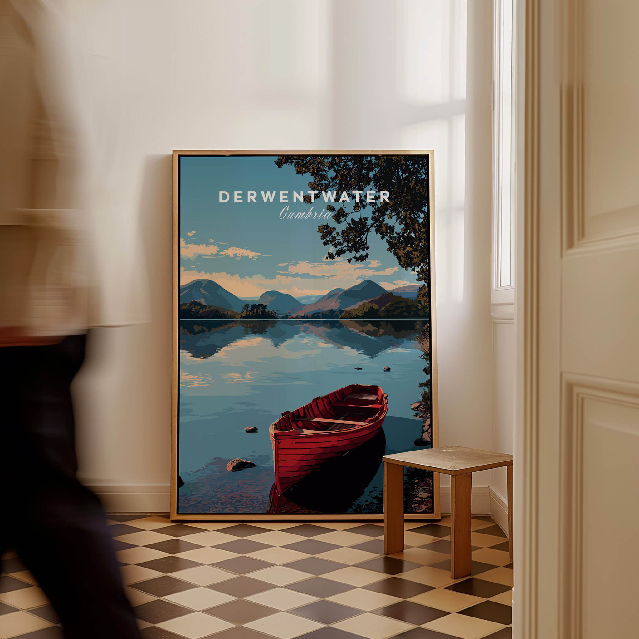Derwentwater Travel Poster – Lake District Art Print featuring a serene landscape with a red boat.