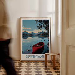 Derwentwater Cumbria Wall Art – Mountain Lake Landscape Print featuring a red boat and serene mountain lake.