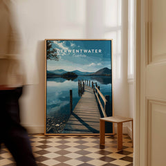 Derwentwater Travel Poster – Lake District Canvas Print featuring a serene lake view with a wooden dock.
