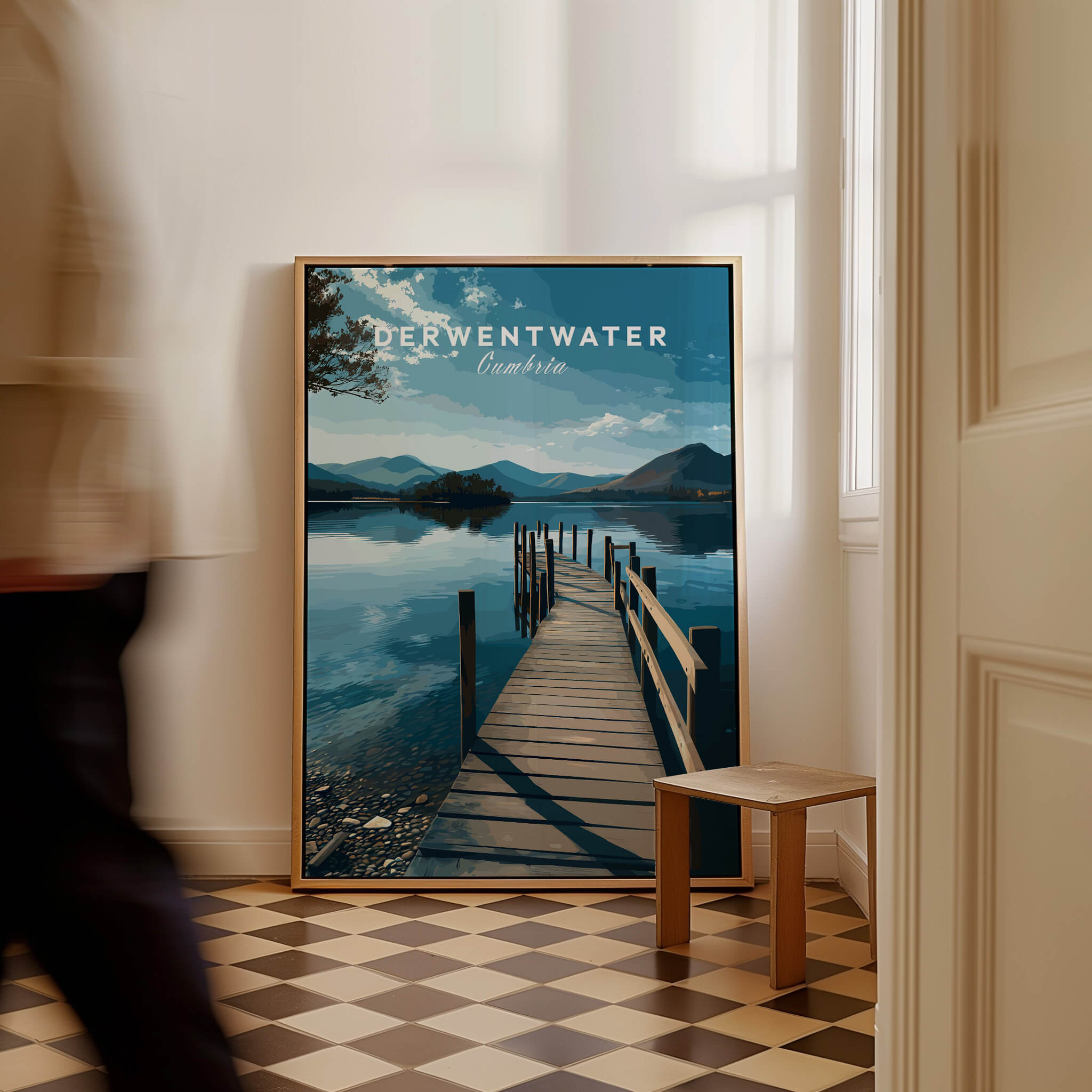 Derwentwater Travel Poster – Lake District Canvas Print featuring a serene lake view with a wooden dock.