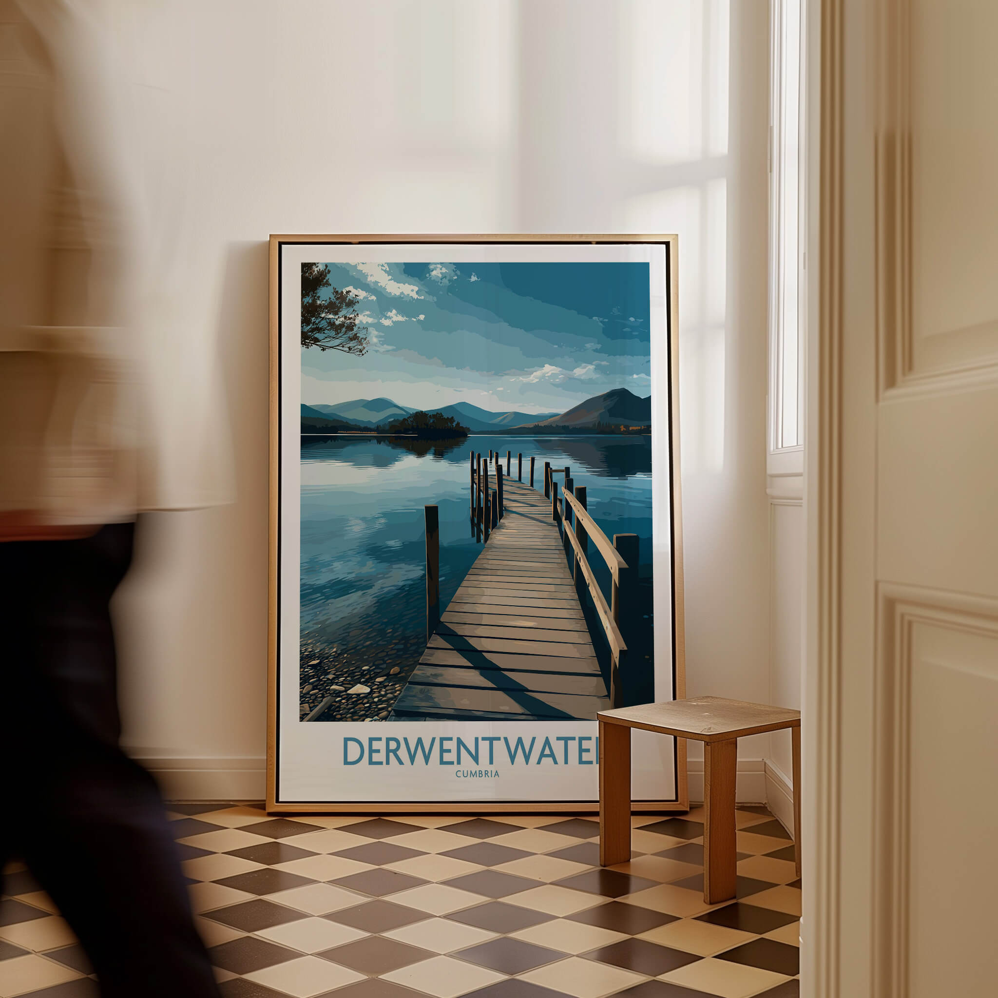 Derwentwater Cumbria Wall Art – Scenic Lake Pier Art Print displayed in a stylish interior with a person walking by.