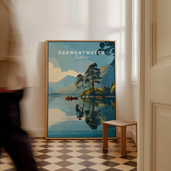 Derwentwater Print – Lake District Sunset Poster in a stylish interior setting with serene reflections on water.