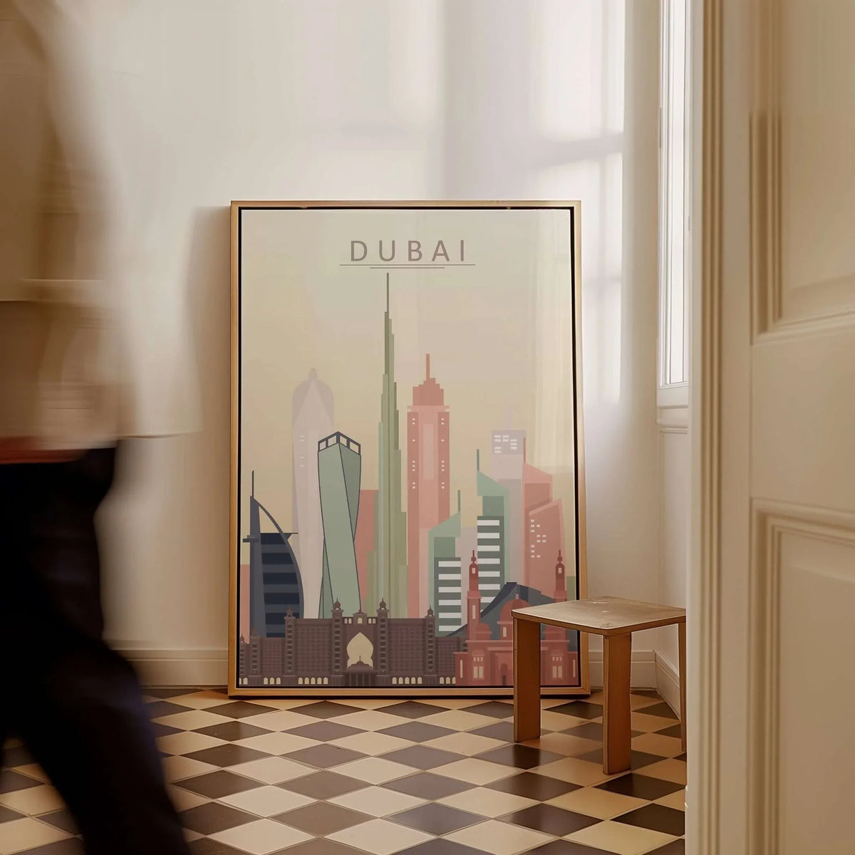 Dubai Wall Art | City Skyline Print displayed in a stylish room, showcasing Dubai's iconic skyline.