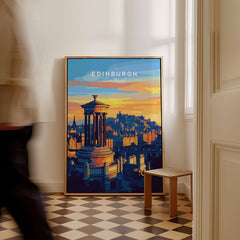 Edinburgh Travel Print showcasing the stunning architecture and sunset colors of Edinburgh in a stylish interior setting.