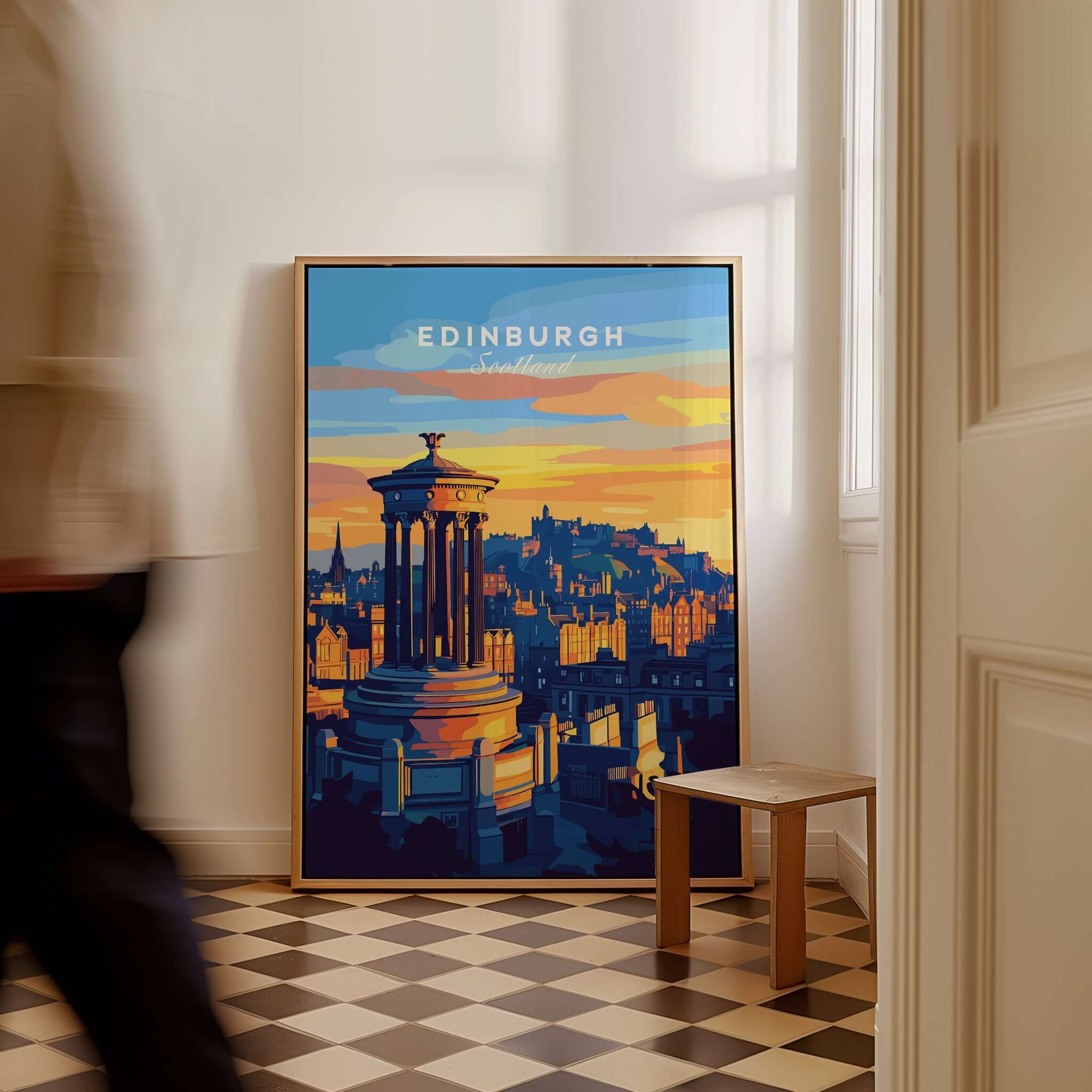 Edinburgh Travel Print showcasing the stunning architecture and sunset colors of Edinburgh in a stylish interior setting.