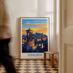 Edinburgh Travel Poster featuring iconic landmarks and vibrant colors that capture the charm of Edinburgh, Scotland.