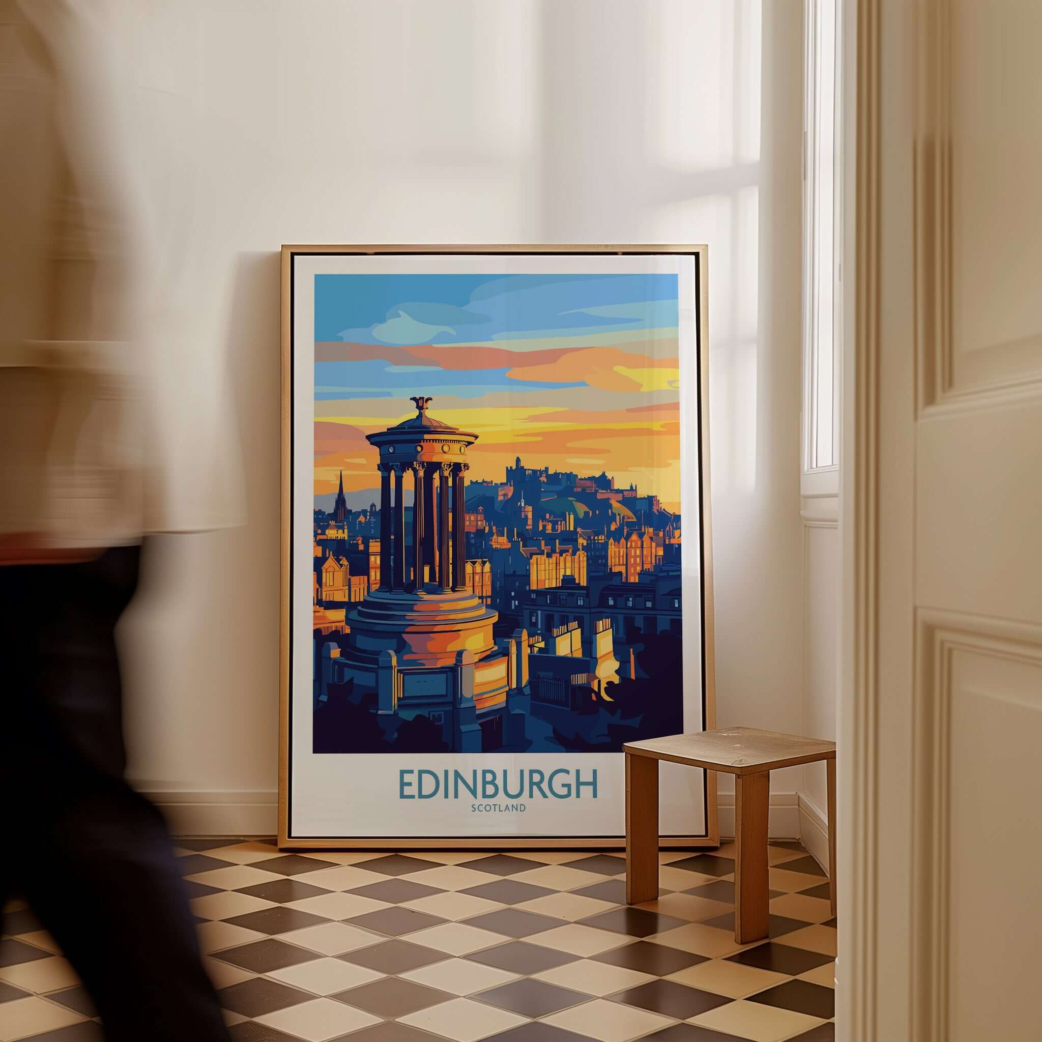 Edinburgh Travel Poster featuring iconic landmarks and vibrant colors that capture the charm of Edinburgh, Scotland.