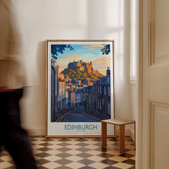 Edinburgh Wall Art Print showcasing the iconic castle and charming street scene in a stylish interior setting.