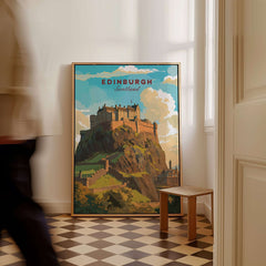 Edinburgh Poster Print featuring Edinburgh Castle wall art in a stylish interior setting.