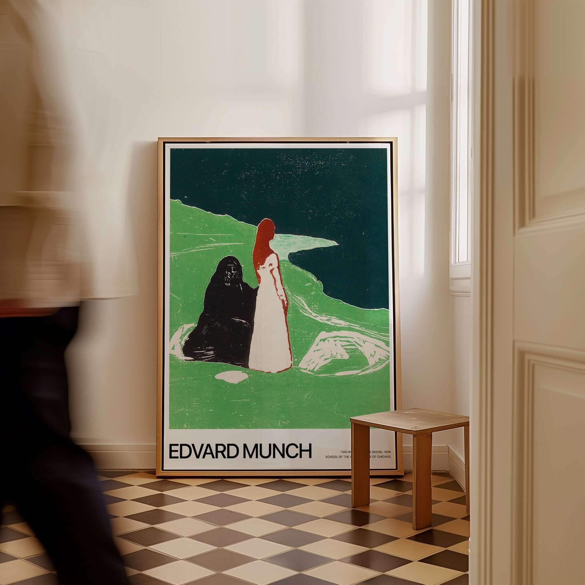 Edvard Munch Art Print - Two Women on the Shore 1898 Woodcut AIC Poster displayed in a stylish interior setting.