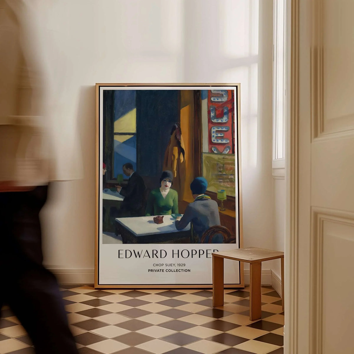 Edward Hopper Chop Suey 1929 Art Print Poster - Urban Restaurant Scene displayed in a chic interior setting.