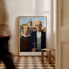 Exhibition Art Print American Gothic Grant Wood Famous Painting Wall Art Poster displayed in a stylish interior setting.