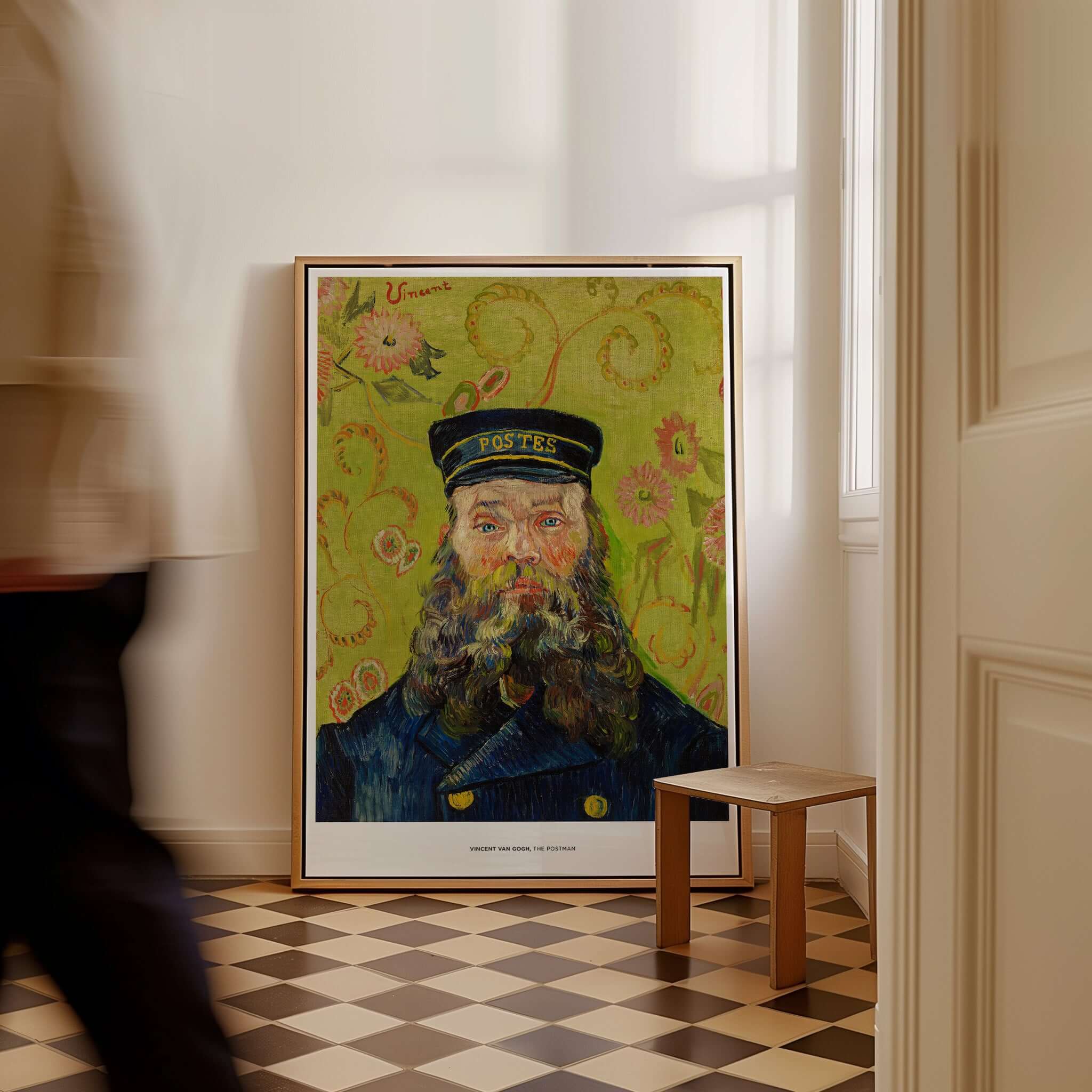 Exhibition Art Print Vincent van Gogh The Postman Famous Portrait Wall Art Poster displayed in a stylish living room.