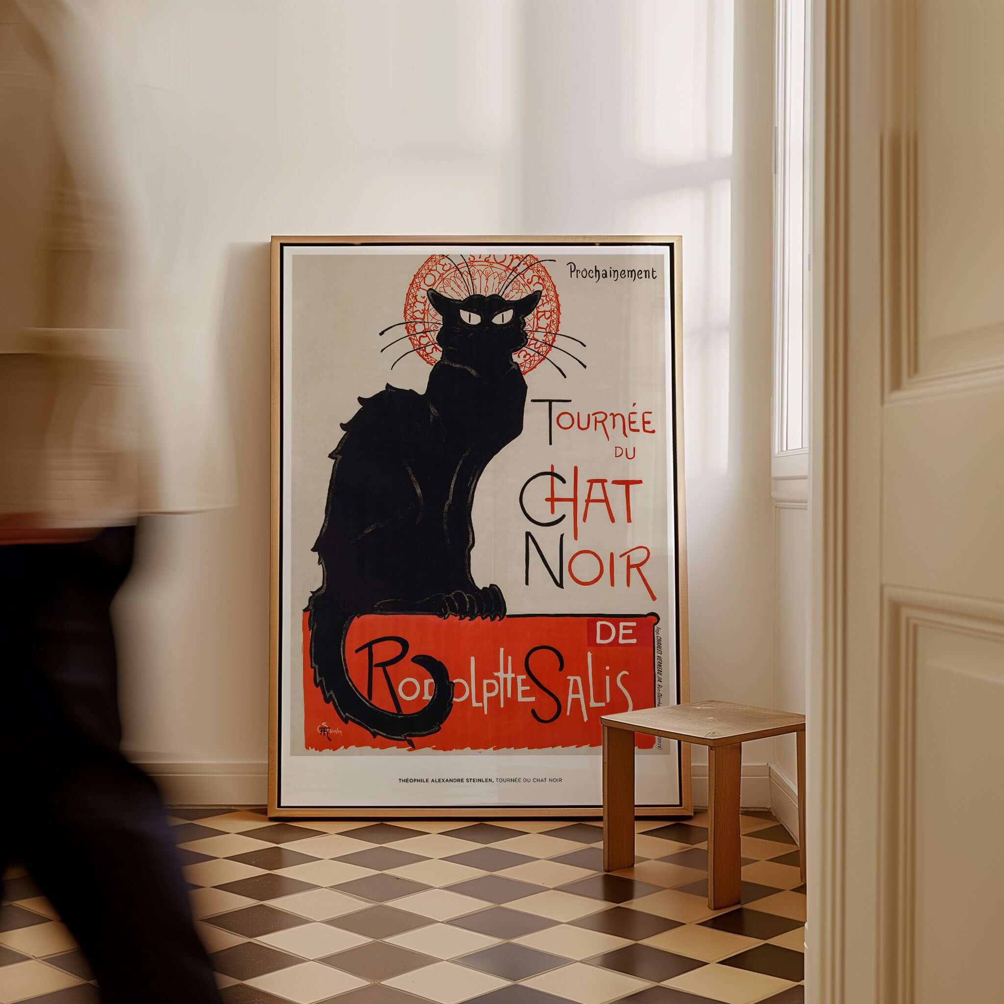 Exhibition Art Print Steinlen Tournée du Chat Noir Vintage French Black Cat Poster displayed in a stylish interior.