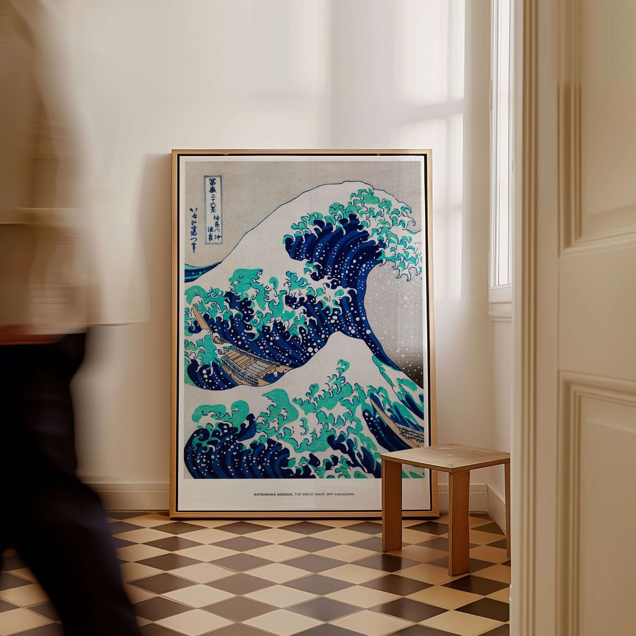 Exhibition Art Print Hokusai The Great Wave off Kanagawa Japanese Ukiyo-e Poster displayed in modern interior.