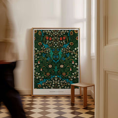 Exhibition Art Print William Morris Tulip Famous Pattern Arts Crafts Floral Poster Wall Art displayed in elegant interior.