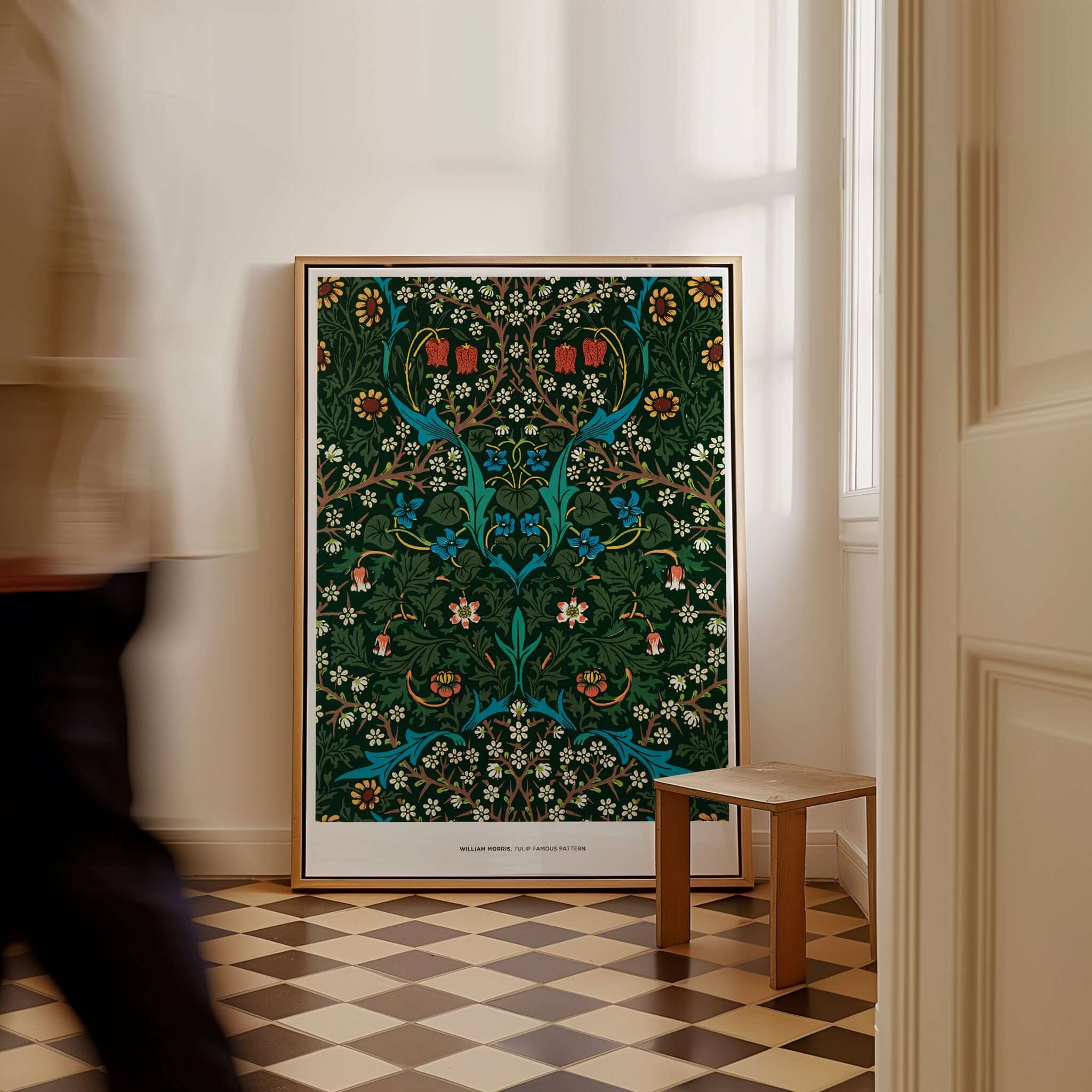 Exhibition Art Print William Morris Tulip Famous Pattern Arts Crafts Floral Poster Wall Art displayed in elegant interior.