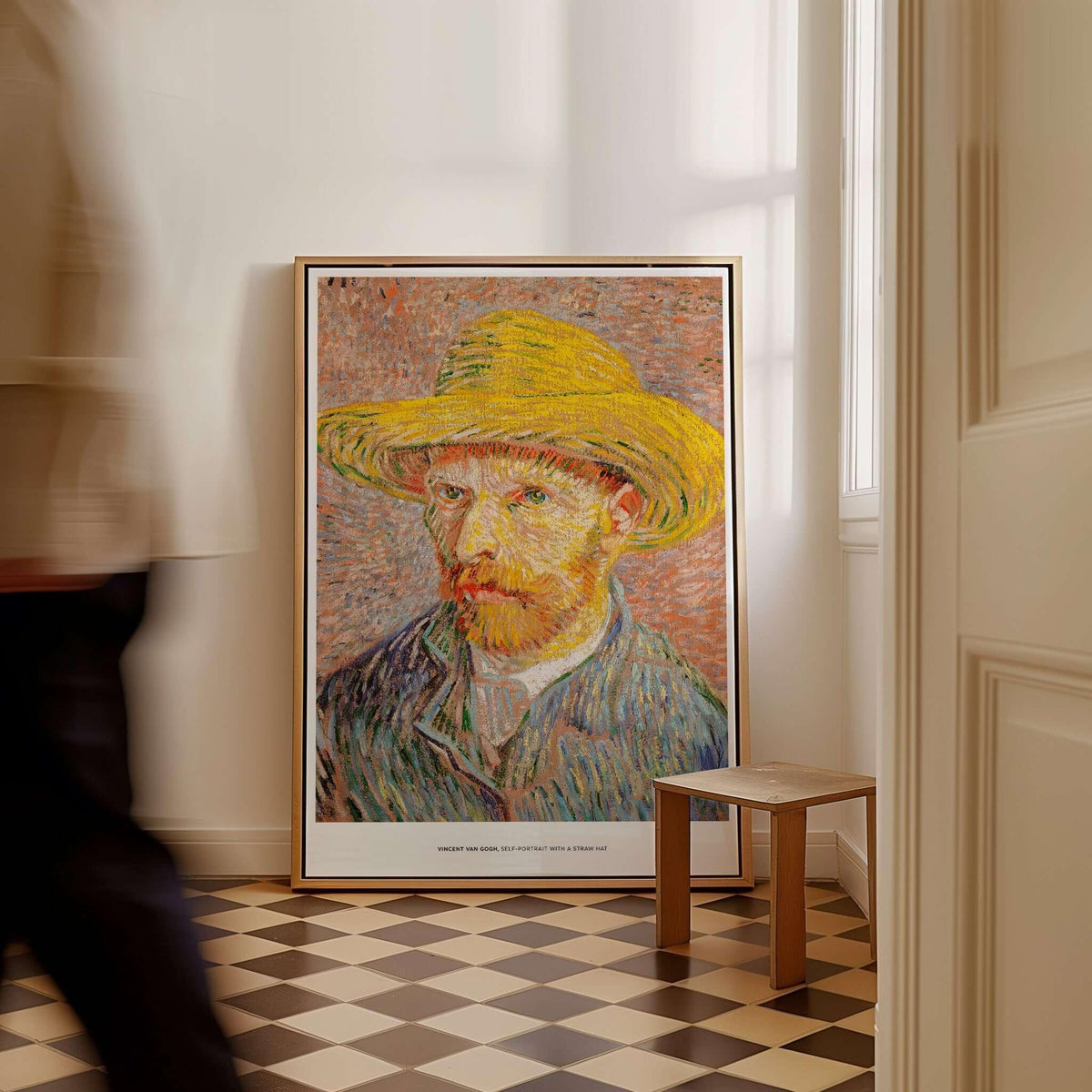 Vincent van Gogh Self Portrait Straw Hat Post-Impressionist Art Print Poster displayed in a stylish room setting.