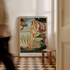 The Birth of Venus Art Print Sandro Botticelli Mythology Poster displayed in a stylish interior setting.
