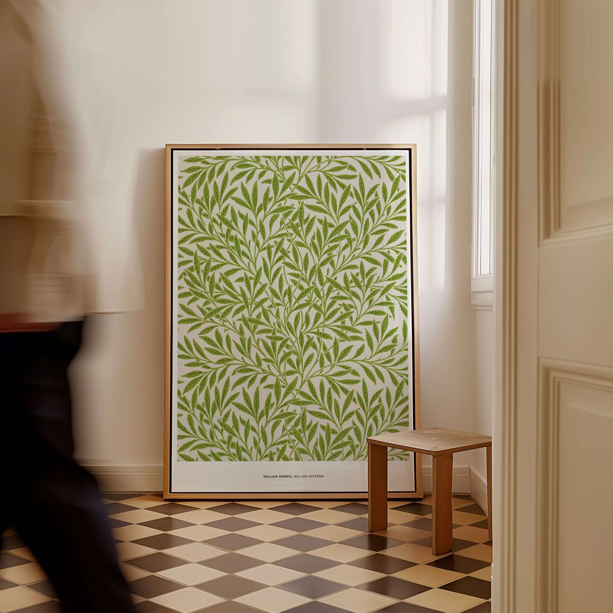 Exhibition Art Print William Morris Willow Pattern Green Botanical Wall Art displayed in a stylish interior setting.