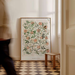 Exhibition Art Print William Morris Jasmine Pattern Floral Botanical Wall Art displayed in a corner with a wooden stool.