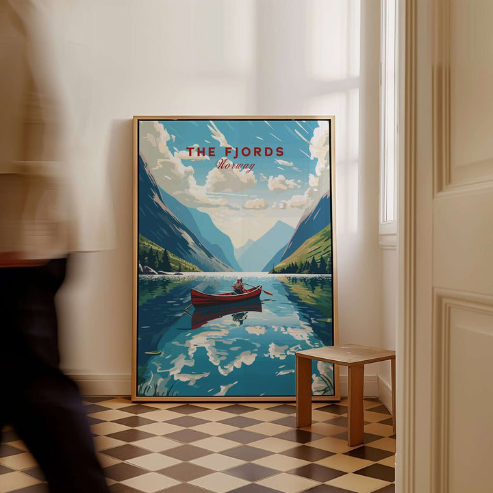 Fjords Wall Art Norway depicting a serene fjord landscape with a boat reflecting on water in a stylish interior.