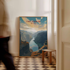 Fjord Wall Art Print - Norway displayed in a stylish interior with a scenic view of Norwegian fjords.