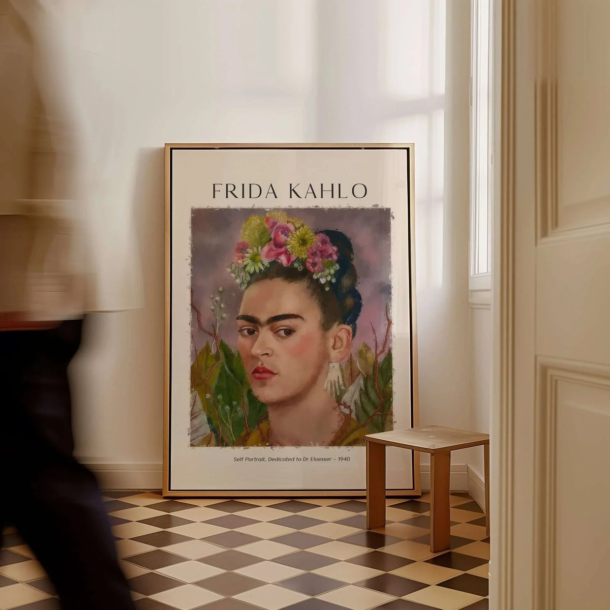 Frida Kahlo Self Portrait Dedicated Dr Eloesser Floral Poster Art Print displayed in an elegant room setting.