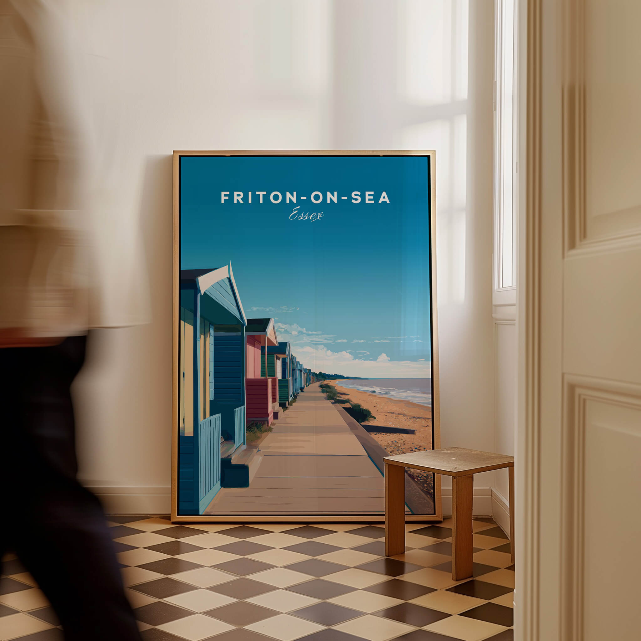 Frinton-on-Sea Travel Poster – Essex Coastline Beach Huts & Prom Art showcased in a stylish interior setting.