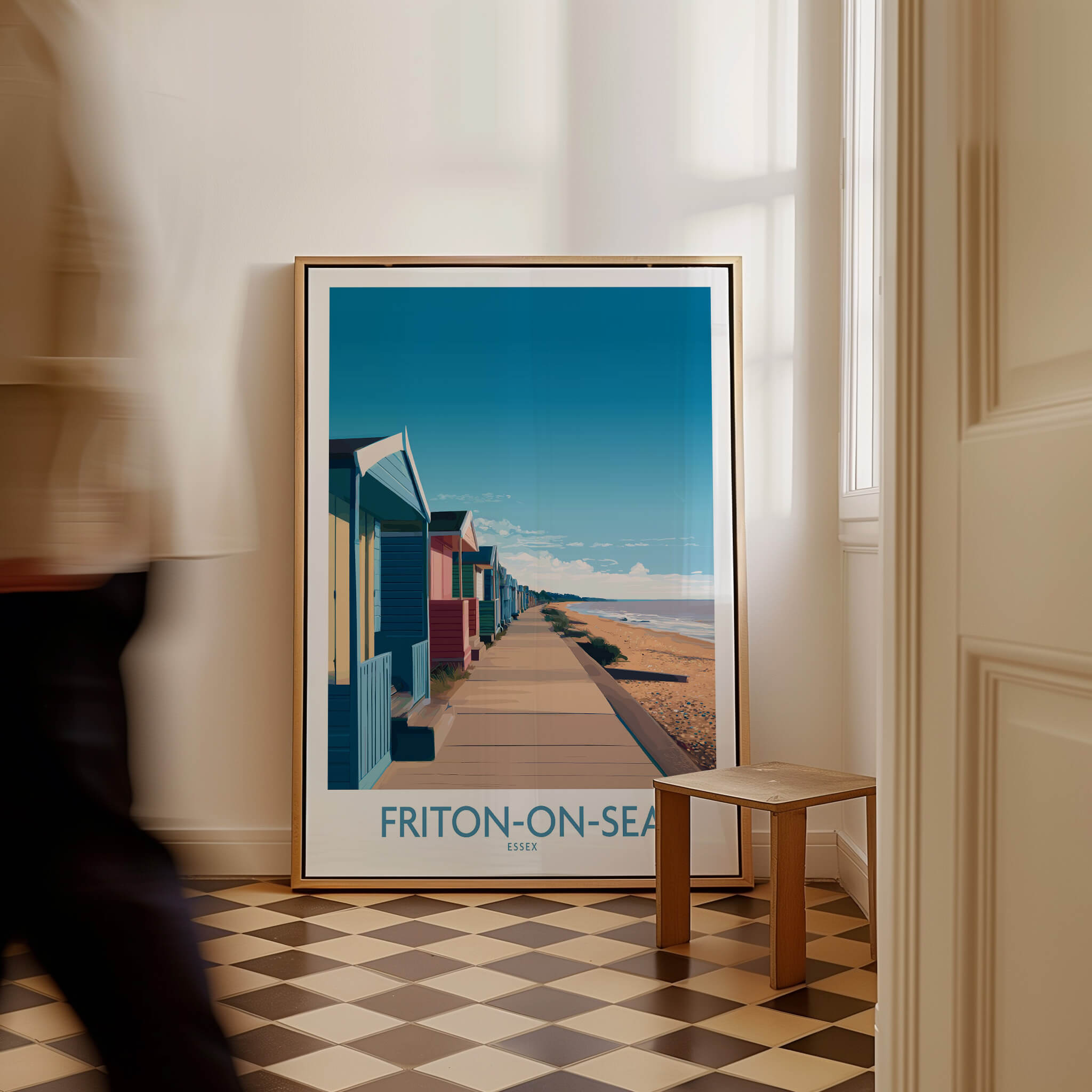 Frinton-on-Sea England Wall Art – Colorful Seaside Beach Hut Decor Print showcased in a stylish interior setting.