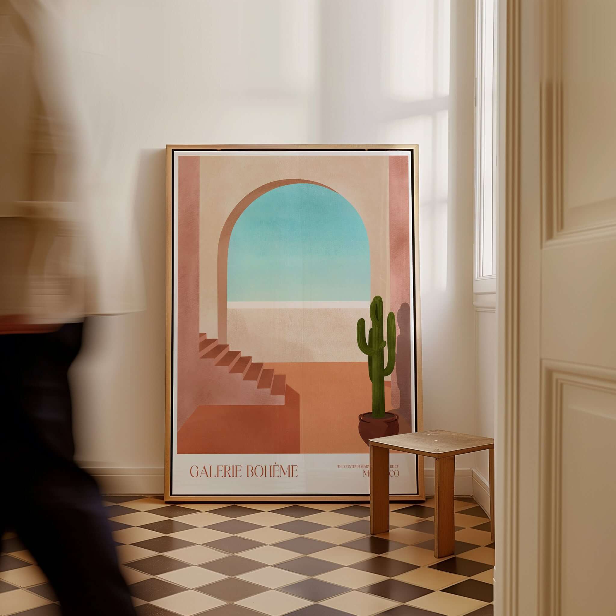 Galerie Bohème Moroccan Archway Cactus Art Print Terracotta Wall Decor Poster in contemporary interior setting