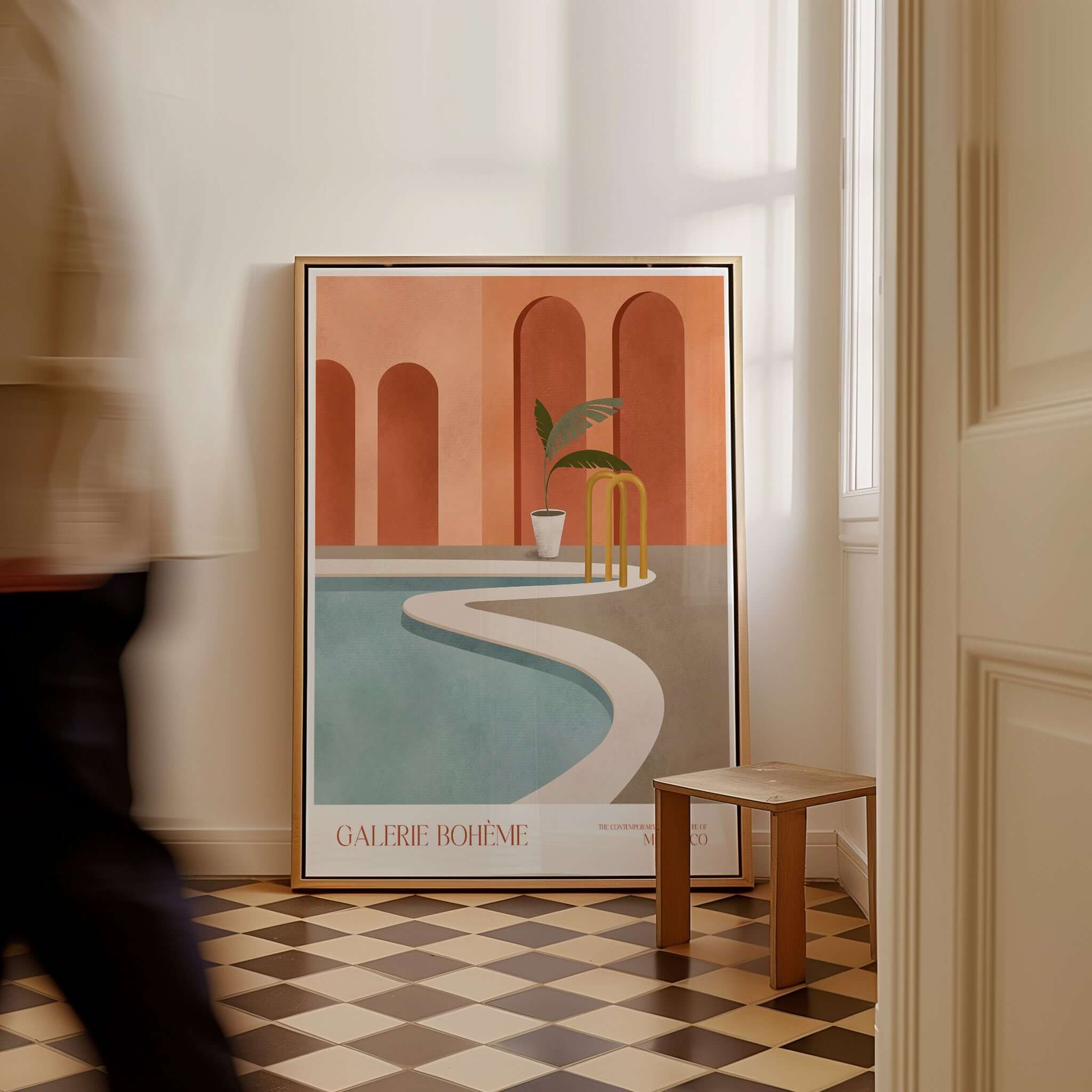 Galerie Bohème Poolside Morocco Architecture Poster Minimalist Wall Art Print displayed in a stylish interior setting.