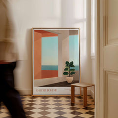 Galerie Bohème Ocean View Window Moroccan Style Art Print Boho Decor Poster displayed in a stylish interior setting.