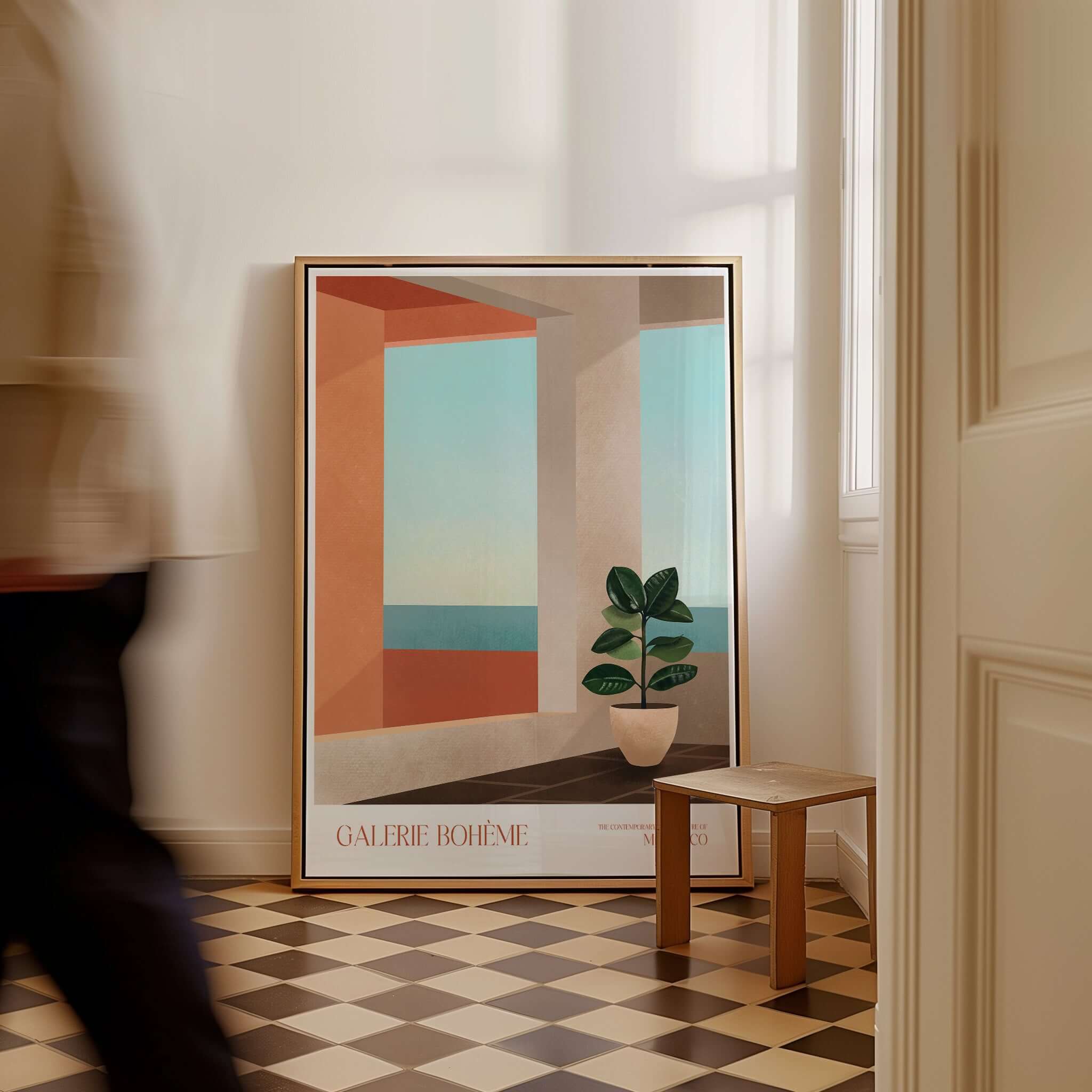 Galerie Bohème Ocean View Window Moroccan Style Art Print Boho Decor Poster displayed in a stylish interior setting.