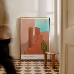 Galerie Bohème Abstract Moroccan Stairs Cactus Poster Desert Wall Art Print displayed in a minimalist interior setting.